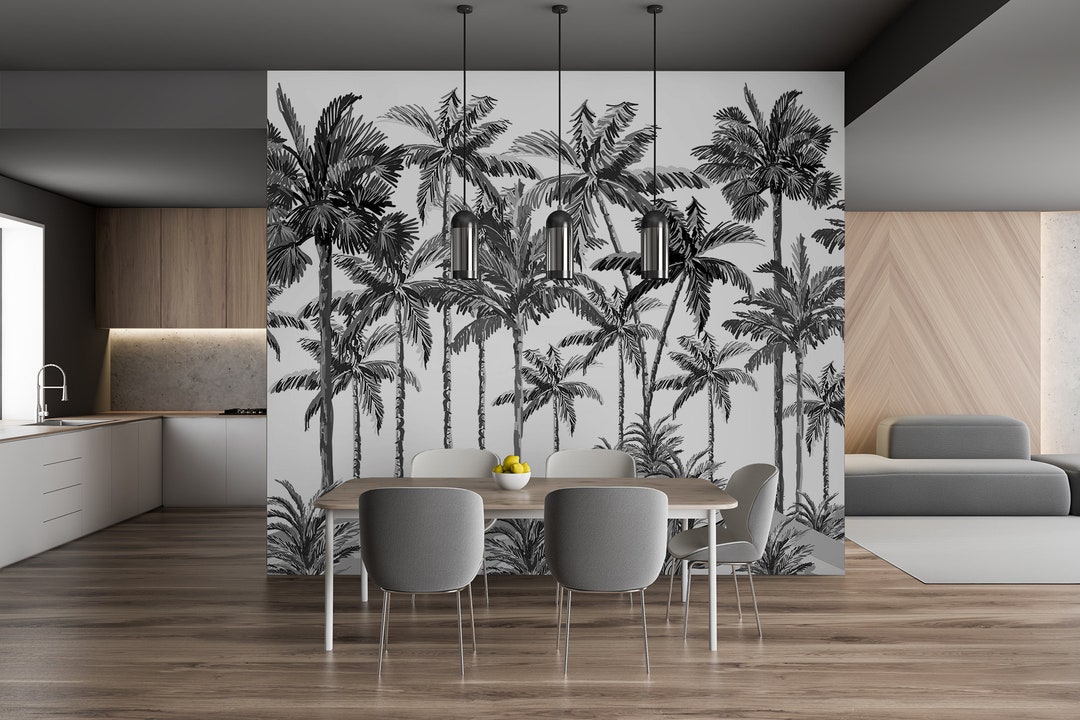 Black and White Palm Tree Wallpaper, Modern Tropical Wall Mural (peel ...