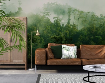 Misty tropical forest wallpaper, self adhesive wallpaper, peel and stick wall mural, tropical wall decor