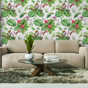 Watercolor Tropical Plants wallpaper, wall mural, peel and stick, self adhesive, wall decor, Removable Wallpaper