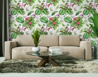 Behang aquarel tropische planten, verwijderbare peel-and-stick muurschildering