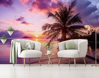 Tropical Beach Sunset Wall Mural (Peel and Stick or Vinyl)