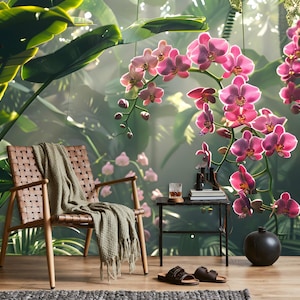 Orchid tropical tree wallpaper, botanical wall mural, home decor, Removable, Peel and Stick or Non Self Adhesive (Vinyl), Wall Decor
