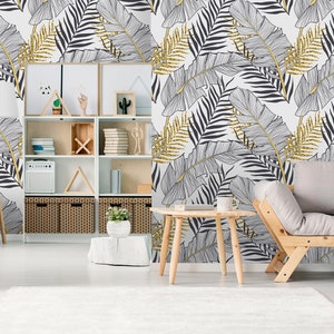 Black and White Wallpaper With Palm Leaves and Yellow Accents - Etsy