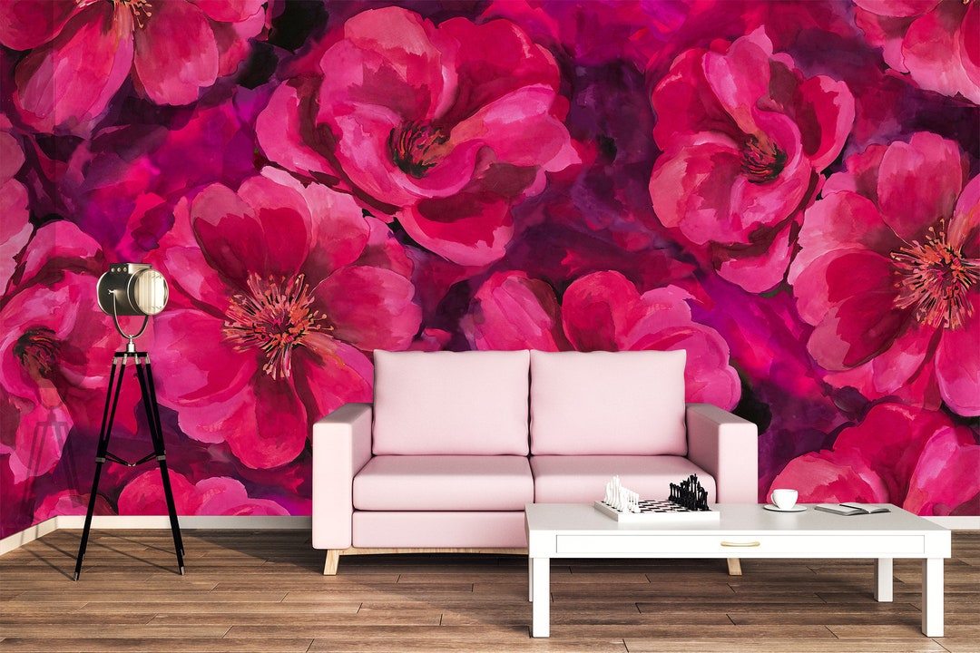 Watercolor Floral Wallpaper, Pink Flowers, Peel and Stick, Self ...
