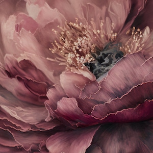 May include: A close-up of a large, pink flower with a velvet chair in the foreground. The flower has a deep pink centre and many layers of petals. The chair is a deep pink colour and has a rounded back and four legs.