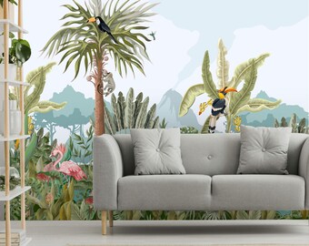 Jungle Animals Tropical Wallpaper, Peel and Stick Wall Decor