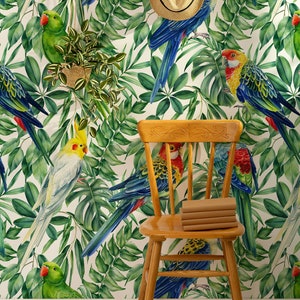 Watercolor tropical wallpaper, parrot bird pattern, Wall Mural, Removable, Self Adhesive (Peel&Stick), Non Self Adhesive (Vinyl), Wall Decor