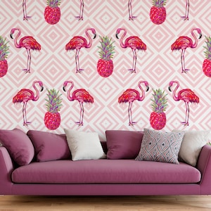 Tropical wallpaper with flamingo and pineapple, Wall Mural, Removable, Self Adhesive (Peel&Stick), Non Self Adhesive (Vinyl), Wall Decor