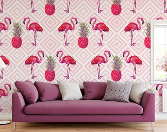 Papel pintado tropical de flamencos y piñas, mural de pared removible (autoadhesivo, vinilo)