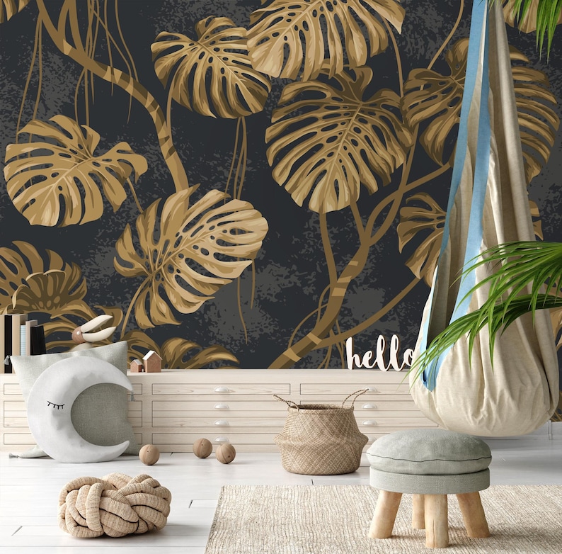 Dark Gold Monstera Leaf Wallpaper, Botanical Peel and Stick Wall Decor ...