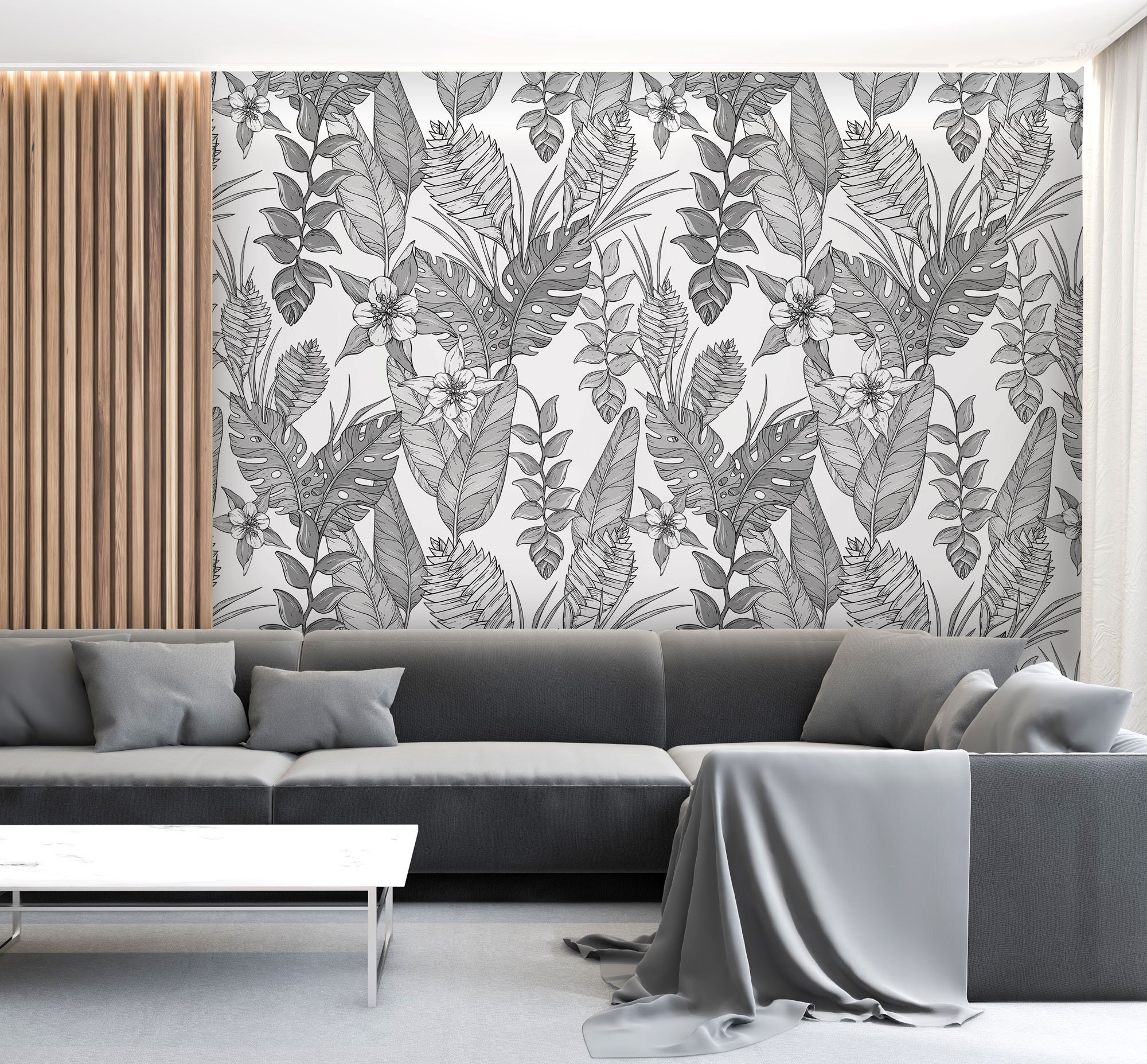 Black White Floral Jungle Leaves Wallpaper, Peel and Stick Wall Decor ...