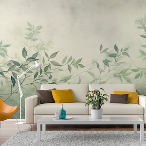 Watercolor floral wallpaper, pastel leaves Wall Mural, Removable, Self Adhesive (Peel and Stick), Non Self Adhesive (Vinyl), Wall Decor