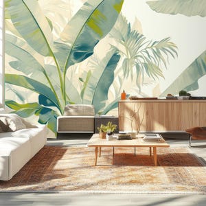Pastel banana leaves wallpaper, tropical wall mural, home decor, Removable, Peel and Stick or Non Self Adhesive (Vinyl), Wall Decor
