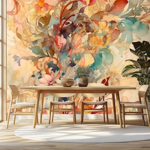 Abstract fantasy floral wallpaper, watercolor wall mural, home decor, Removable, Peel and Stick or Non Self Adhesive (Vinyl), Wall Decor