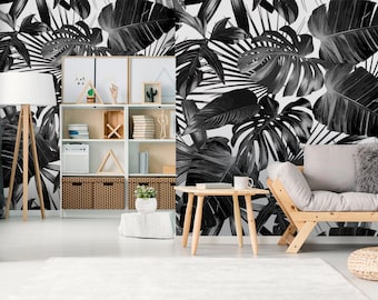 Palm leaves wallpaper, black and white, peel and stick wall mural, self adhesive, tropical wall decor