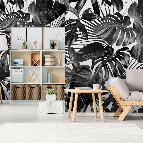 Papier peint feuilles de palmier, noir et blanc, peinture murale peel and stick, auto-adhésif, décoration murale tropicale
