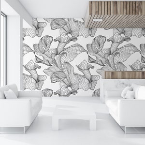 Black and white floral wallpaper, self adhesive wallpaper, peel and stick wall mural, tropical wall decor