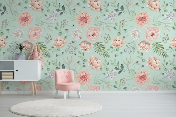 Beautiful Mint Floral Wallpaper With Pink Flowers Peonies and Leaves Wall Mural Peel and Stick Self Adhesive Wallpaper Wall Decor Etsy UK