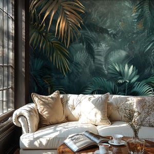 Carta da parati con foresta tropicale mistica e scura, murale della giungla, arredamento per la casa, rimovibile, staccabile e attaccabile o non autoadesivo (vinile), decorazione da parete
