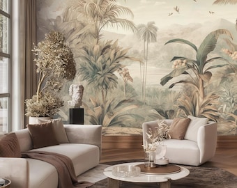 May include: A living room interior design with a white sofa, a white armchair, and a round coffee table. The room features a large mural on the wall depicting a tropical jungle scene with palm trees, banana trees, and birds.