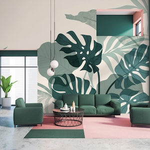 Green tropical wallpaper, abstract and botanical, monstera leaves, palm, peel and stick, self adhesive, wall decor, Removable Wallpaper