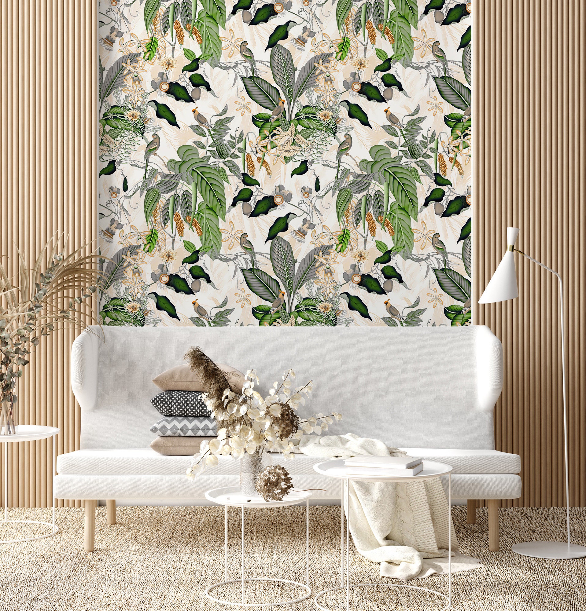 Tropical Floral Wallpaper With Birds, Green Leaves Wall Mural (peel and ...