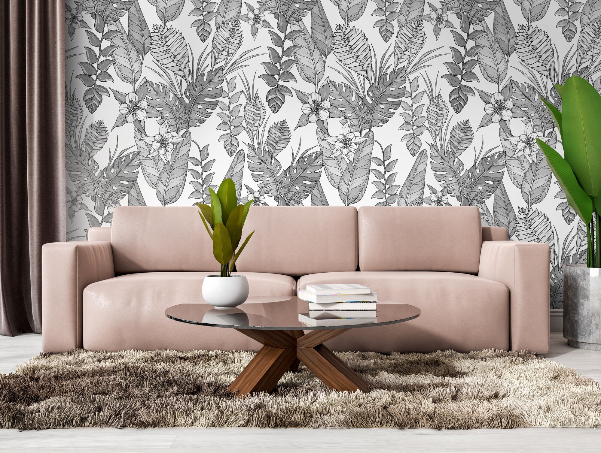 Black White Floral Jungle Leaves Wallpaper, Peel and Stick Wall Decor ...