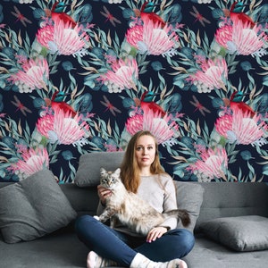 Tapete mit exotischen rosa Blumen, Blättern und Vogel, florales, tropisches Wandbild, Schälen und aufkleben, selbstklebend, Wanddekor