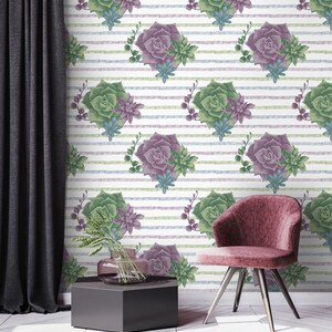 Watercolor wallpaper with succulents, wall mural, peel and stick, self adhesive, wall decor, Removable Wallpaper