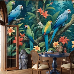 Tropical parrot wallpaper, jungle wall mural, wall art, home decor, Removable, Peel and Stick or Non Self Adhesive (Vinyl), Wall Decor