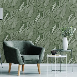 Wallpaper with tropical leaves, plants, wall mural, peel and stick, self adhesive, wall decor, Removable Wallpaper