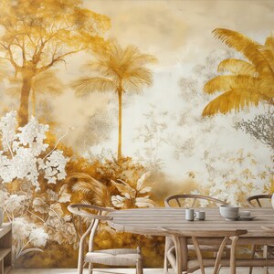 Gold palm trees wallpaper, tropical leaves wall mural, home decor, Removable, Peel and Stick or Non Self Adhesive (Vinyl), Wall Decor