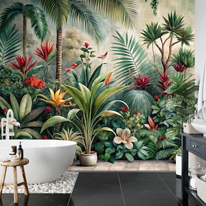 Tropical jungle wallpaper, botanical wall mural, home decor, Removable, Peel and Stick or Non Self Adhesive (Vinyl), Wall Decor