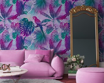 Papel de Parede Floral com Papagaio Tropical, Arte de Parede com Pássaros Exóticos da Selva (Adesivo/Vinil)