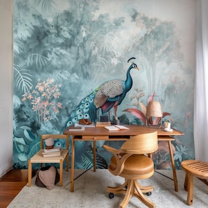 Vintage pauwenbehang, tropisch bos muurschildering, woondecoratie, verwijderbaar, peel and stick of niet-zelfklevend (vinyl), wanddecoratie