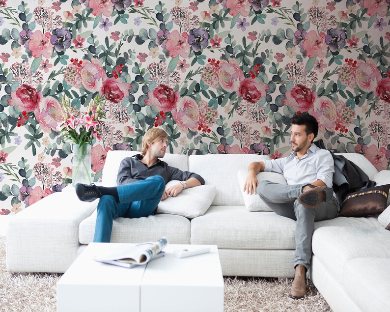Floral Watercolor Wallpaper, Pink Roses Peonies Wall Mural (peel and ...