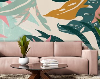 Abstract Tropical Leaf Wallpaper, Palm Monstera Wall Decor (Peel and Stick)