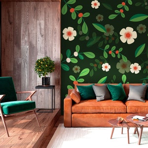 Spring floral pattern, green wallpaper, peel and stick, self adhesive, wall decor, Removable Wallpaper