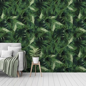 Green wallapepr with tropical palm, tree, leaves, peel and stick, self adhesive, wall decor, Removable Wallpaper