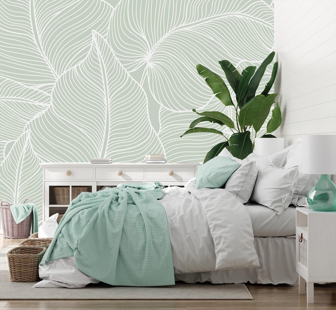 Buy Pastel Green Leaves Wallpaper, Boho Print, Home Decor, Wall Art