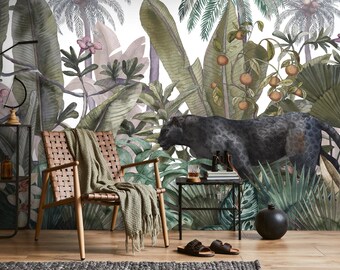 Watercolor Tropical Jungle Mural, Black Panther Wall Decor (Peel and Stick Vinyl)
