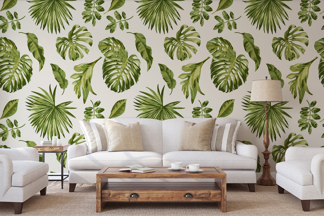 Tropical Leaves Wallpaper, Exotic Leaf Print, Peel and Stick Wall Mural ...