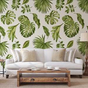 Exotische Tapete mit tropischen Blättern, Blattdruck, selbstklebende Tapete, Schälen und Aufkleben Wandbild, selbstklebend, tropisches Wanddekor