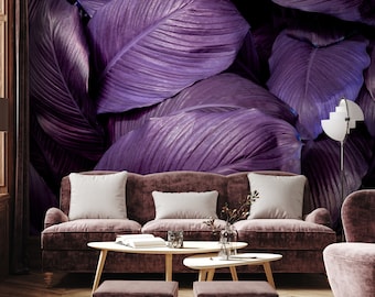 Papier peint feuilles violettes, feuille tropicale, décoration murale, amovible, auto-adhésif (peel & stick), non auto-adhésif (vinyle), décoration murale