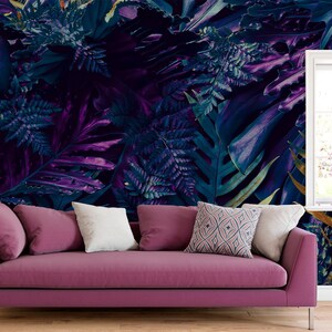 Dark wallpaper, Tropical leaves wall mural, home decor, Removable, Peel and Stick or Non Self Adhesive (Vinyl), Wall Decor