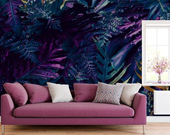 Papier peint mural feuilles tropicales sombres, décoration murale amovible