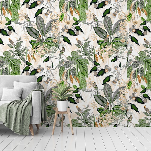 Floral wallpaper with green and yellow leaves and birds, floral wall mural, peel and stick wallpaper, self adhesive, wall decor