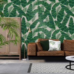 Green leaves of banana palm and tropical plants wallpaper, wall mural, peel and stick, self adhesive, wall decor, Removable Wallpaper