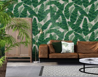 Green leaves of banana palm and tropical plants wallpaper, wall mural, peel and stick, self adhesive, wall decor, Removable Wallpaper