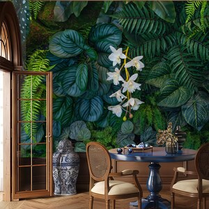 Dark leaves wallpaper, botanical wall mural, home decor, Removable, Peel and Stick or Non Self Adhesive (Vinyl), Wall Decor